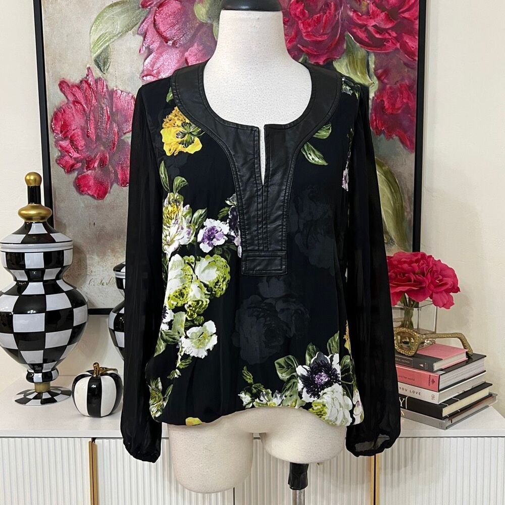 Linea Domani Women's Floral Faux Leather Trim Long Sleeve Blouse Multicolor Sz 8